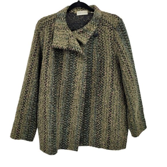 Vtg Blazer Granny Core Cardigan Nobby Knit Textured Asymmetrical Green Striped M - Picture 3 of 10